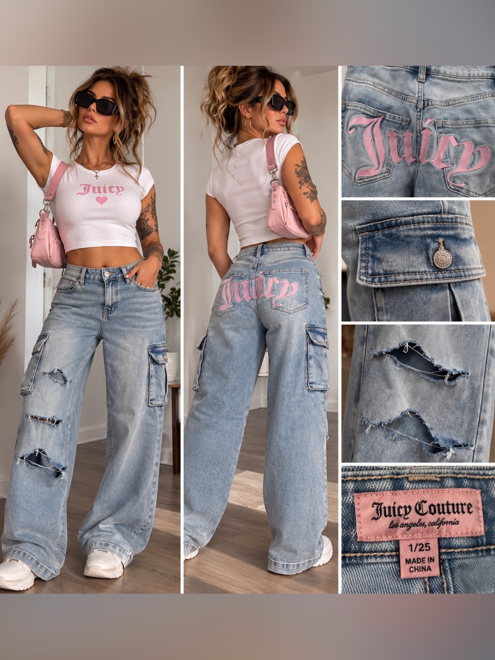 Juicy Couture Y2K Cargo Jeans Size 1/25 Pink Logo Distressed Wide Leg